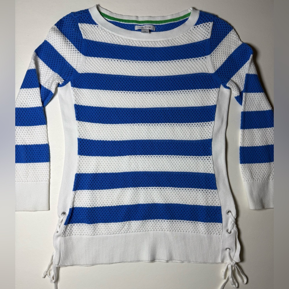 Nautica XS Blue white Striped Cotton Summer Sweater side lace up Nautical